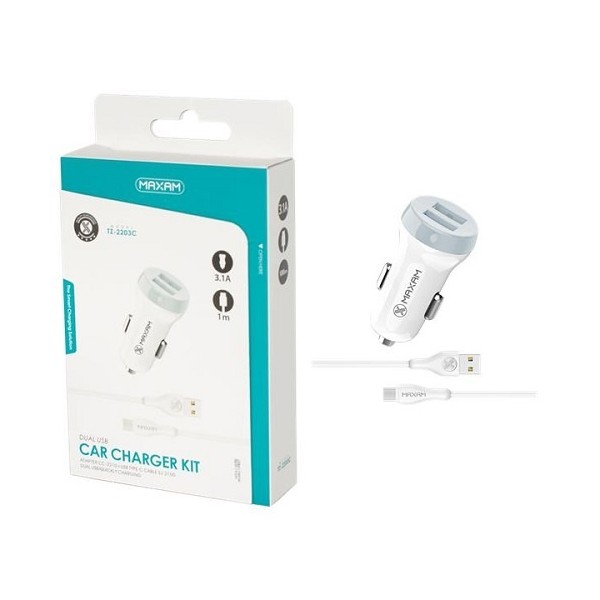 Cargador de Coche con Cable Tipo C 1m 3.1A 2USB / TZ-2203C / MAXAM