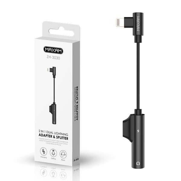 Adaptador Para iPhone Con 2 Salidas Lightning / Carga y Audio / ZH-3030 / MAXAM