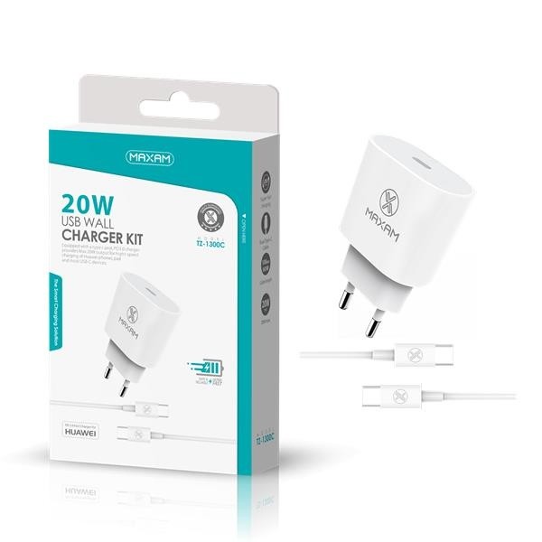 Adaptador / Cargador De Pared Carga Ultra Rapido 20W con Cable Tipo C a Tipo C / TZ-1300C / MAXAM