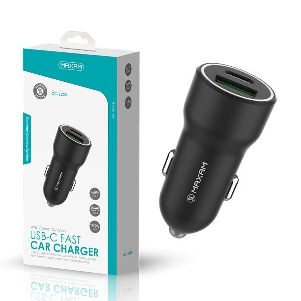 Adaptador / Cargador De Coche Con Dos Salidas USB y Tipo C 15.5W / CC-5200 / MAXAM