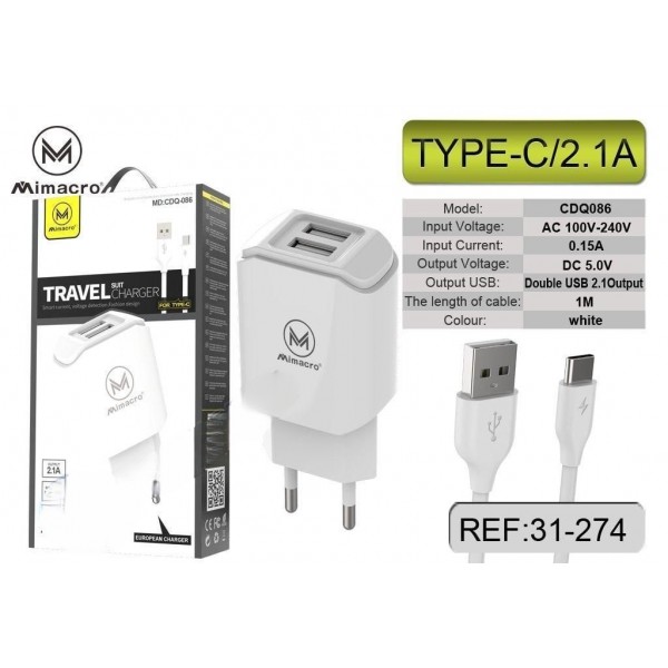 Cargador / Adaptador De Pared DOS USB / CDQ086 2.1A MIMACRO