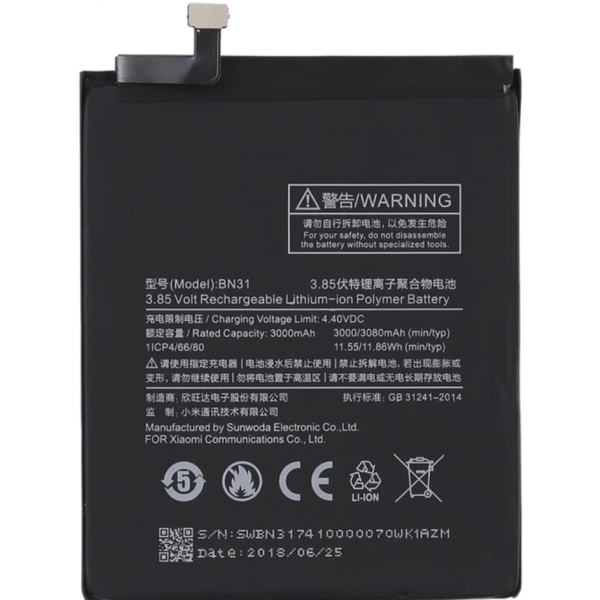 N286 Bateria BN31 para Xiaomi Mi5x / Mi A1 / Redmi Note 5A / Redmi Y1 Lite / Redmi Note 5A Prime / Redmi Y1 de 3000mAh