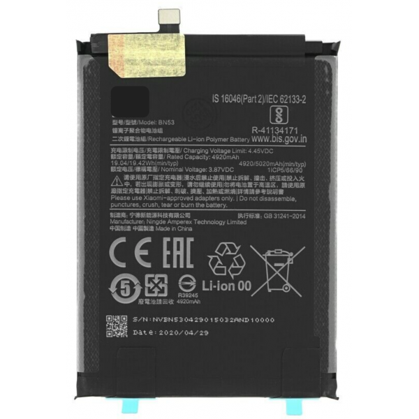 N74 Bateria BN53 Para Xiaomi Redmi Note 9 Pro de 5020 mAh SIN LOGO