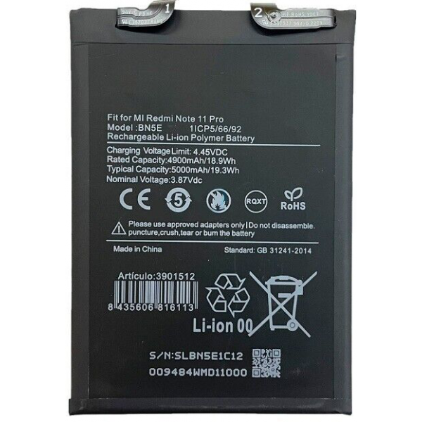 n433 Bateria Litio BN5E Para REDMI NOTE 11 PRO 5G / Poco X4 Pro 5G