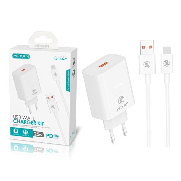 TZ-1306C Blanco Kit de cargar rápida 25W con cable de 1M y 5A Type C /MAXAM