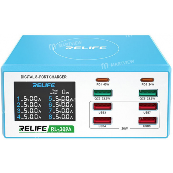 RELIFE - 309AW Cargador Multifuncional con 6 Entradas USB Y 2 Entradas Tipo C De 100W