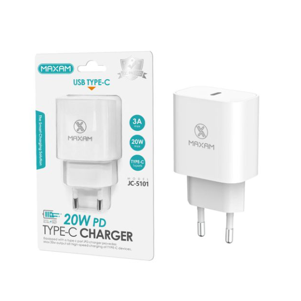 Adaptador / Cargador De Pared Carga Ultra Rapido 20W / Entrada Tipo C / JC-5101 / MAXAM Adaptador / Cargador De Pared Carga Ultra Rapido 20W / Entrada Tipo C / JC-5101 / MAXAM
