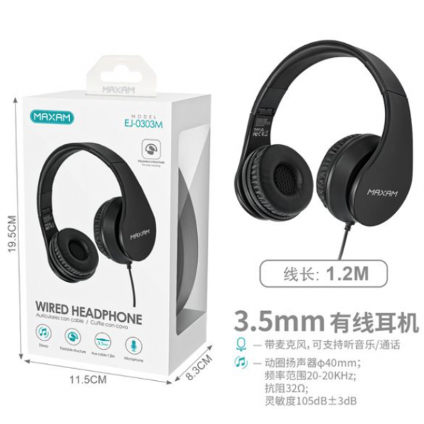 N51 Maxam EJ-0303M Auricular Diadema Plegable Negro Con...