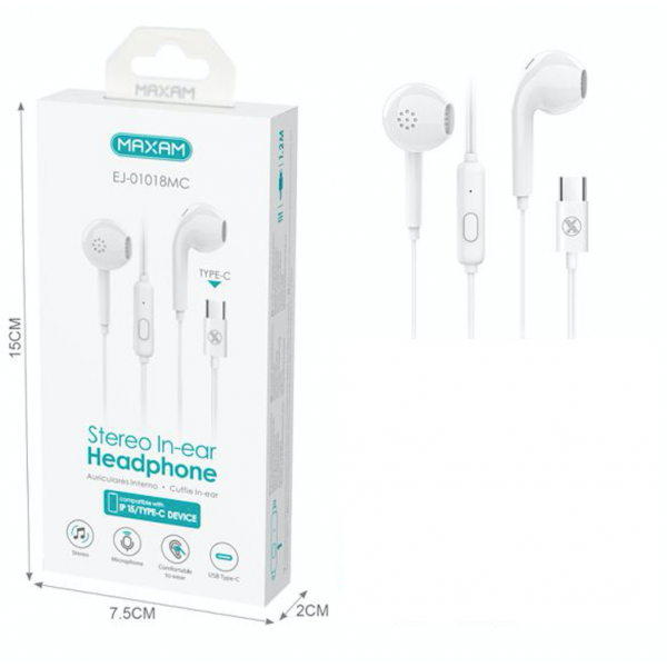 N135 Cascos / Auriculares Estéreo EJ-01018MC Tipo-C Blanco Con Cable MAXAM