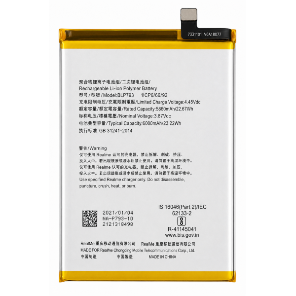 [B38] Bateria BLP793 6000mAh Para realme Narzo 20 / 7i /...